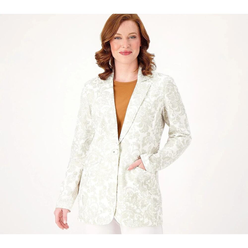 GRAVER Susan Graver Metallic Print Knit Topper Sugar Cane Petite Large A696328